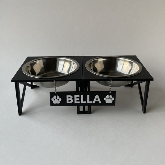 Double Personalized Dog Bowl - Elevated Dog Bowl - Customizable Dog Bowl - One Name Front View