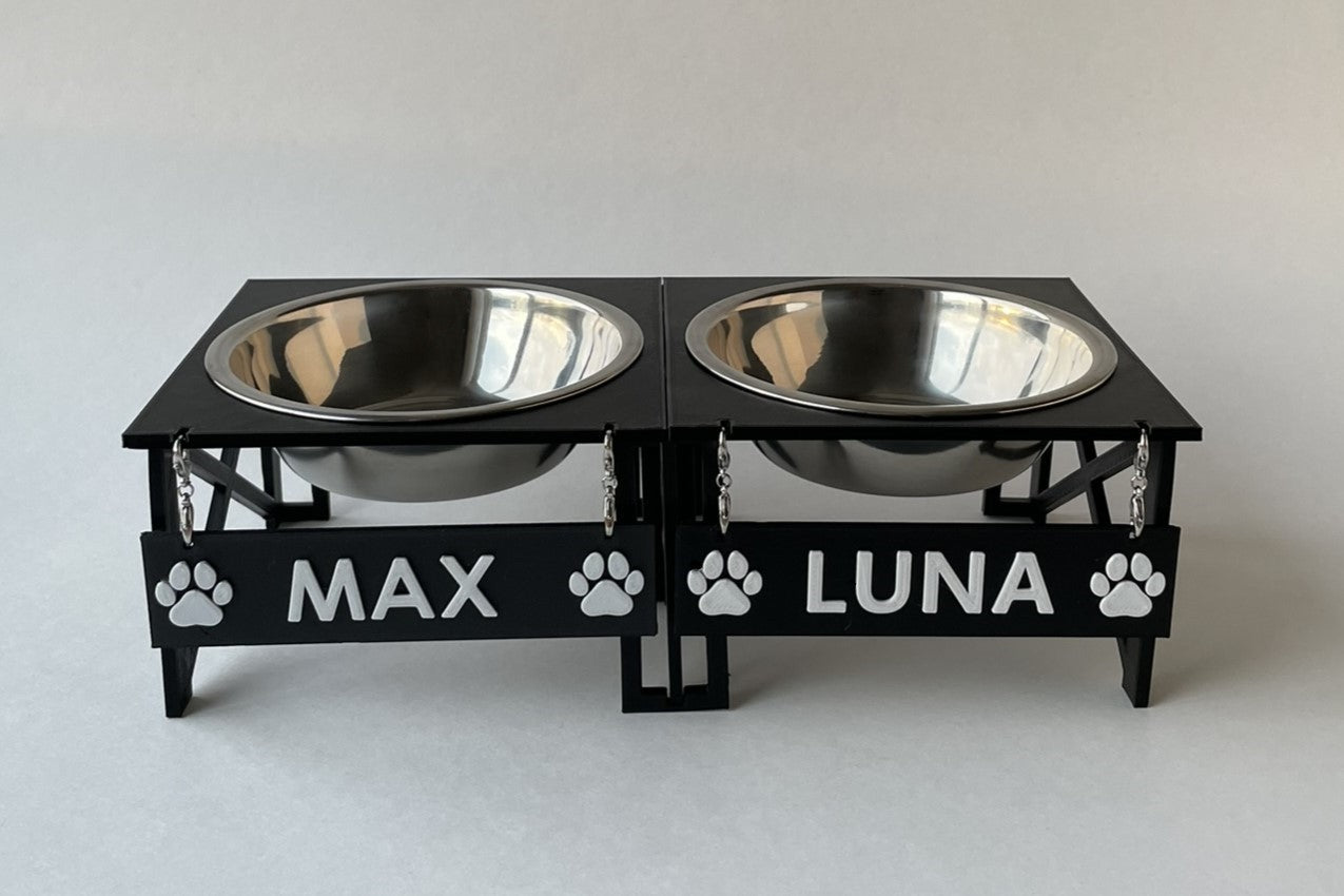 Double Personalized Dog Bowl - Elevated Dog Bowl - Customizable Dog Bowl - Two Names Front View